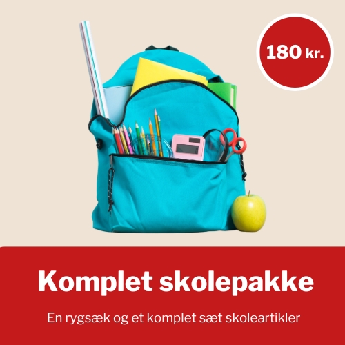 Komplet skolepakke Doner en Komplet skolepakke bestående af en rygsæk og et komplet sæt skoleartikler