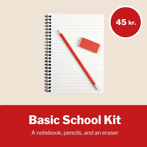 Simpel skolepakke Doner en simpel skolepakke med en notesbog, blyanter og viskelæder - pris 45 kr.
