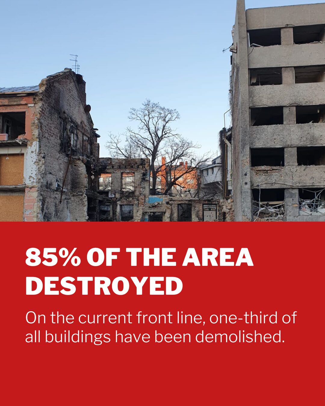 7 På den nuværende frontlinje er en tredjedel af bygninger blevet ødelagte. I alt er det 85 % af området, der er ødelagt.