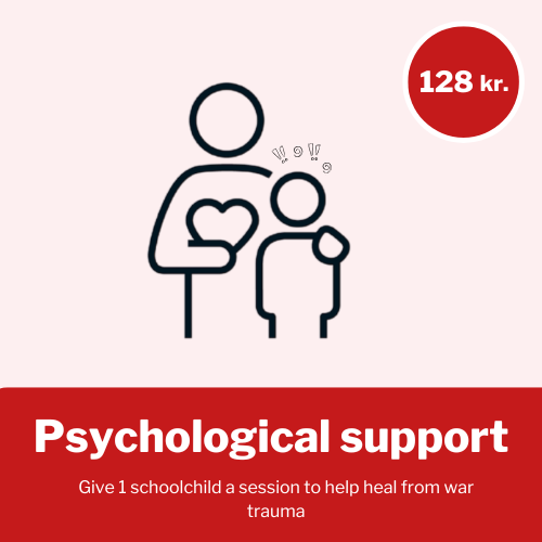 Psykologisk hjælp For 128 kr. kan du give 1 skolebarn en session psykologisk hjælp til at hele krigstraumer.